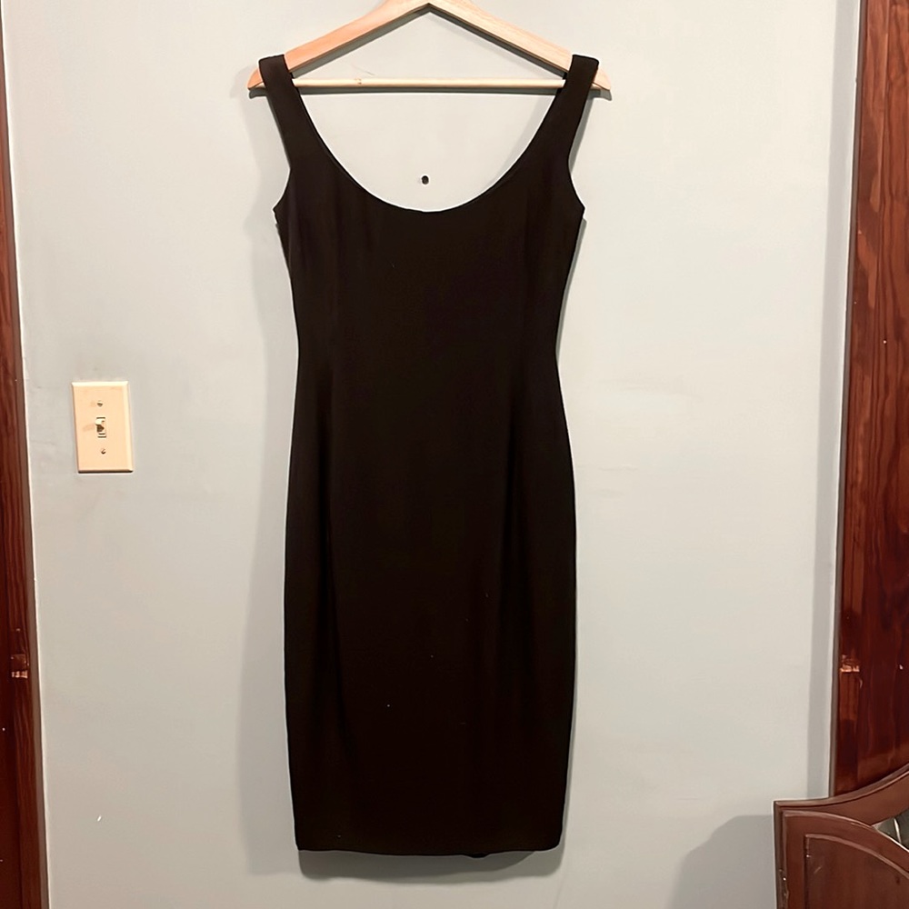Black linen John Galliano midi sheath dress